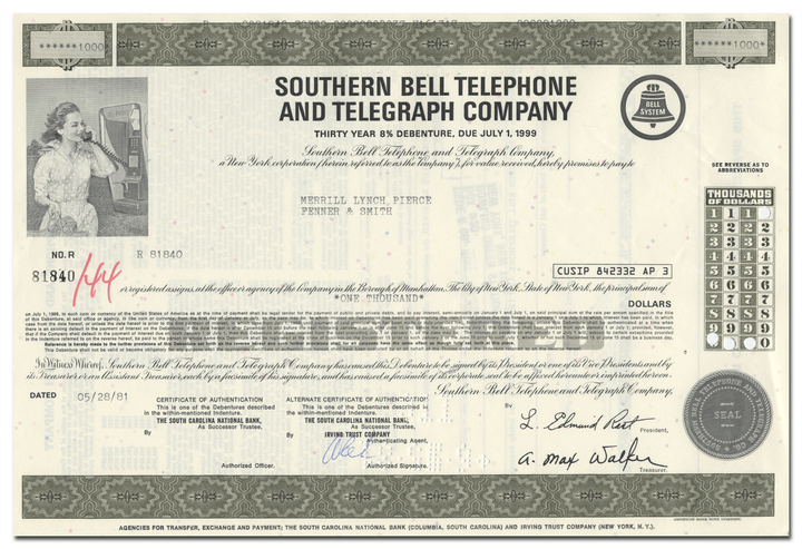 Southern Bell Telephone and Telegraph Company Bond Certificate