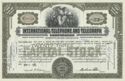 International Telephone and Telegraph Corporation Stock Certificate