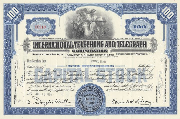 International Telephone and Telegraph Corporation Stock Certificate