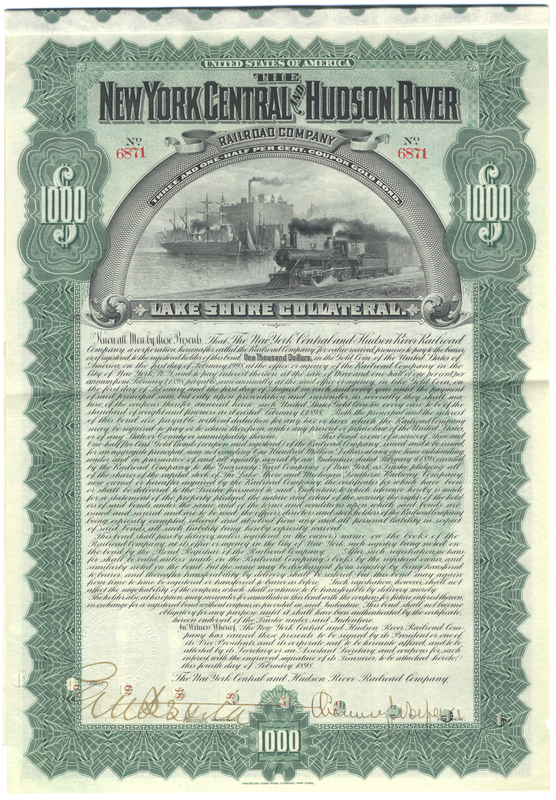 New York Central and Hudson River Railroad Company Bond Certificate Signed by Chauncey DePew