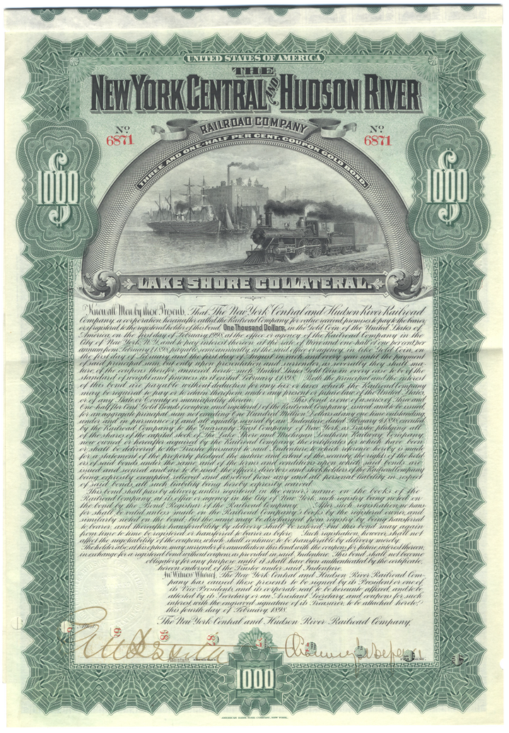 New York Central and Hudson River Railroad Company Bond Certificate Signed by Chauncey DePew