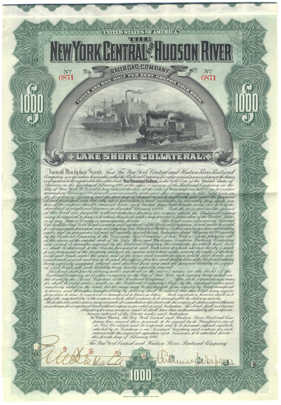 New York Central and Hudson River Railroad Company Bond Certificate Signed by Chauncey DePew