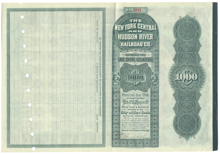 New York Central and Hudson River Railroad Company Bond Certificate Signed by Chauncey DePew