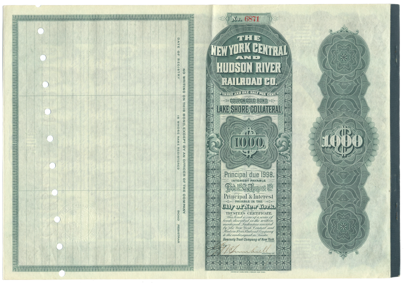 New York Central and Hudson River Railroad Company Bond Certificate Signed by Chauncey DePew