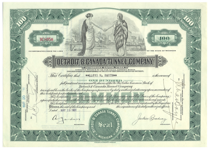 Detroit & Canada Tunnel Company Stock Certificate