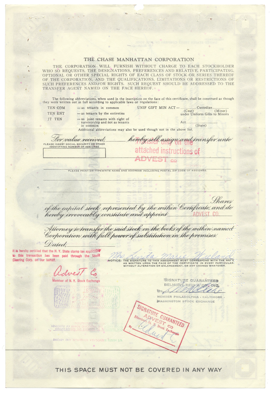 Chase Manhattan Bank Stock Certificate