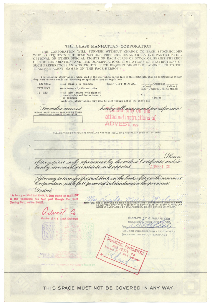 Chase Manhattan Bank Stock Certificate