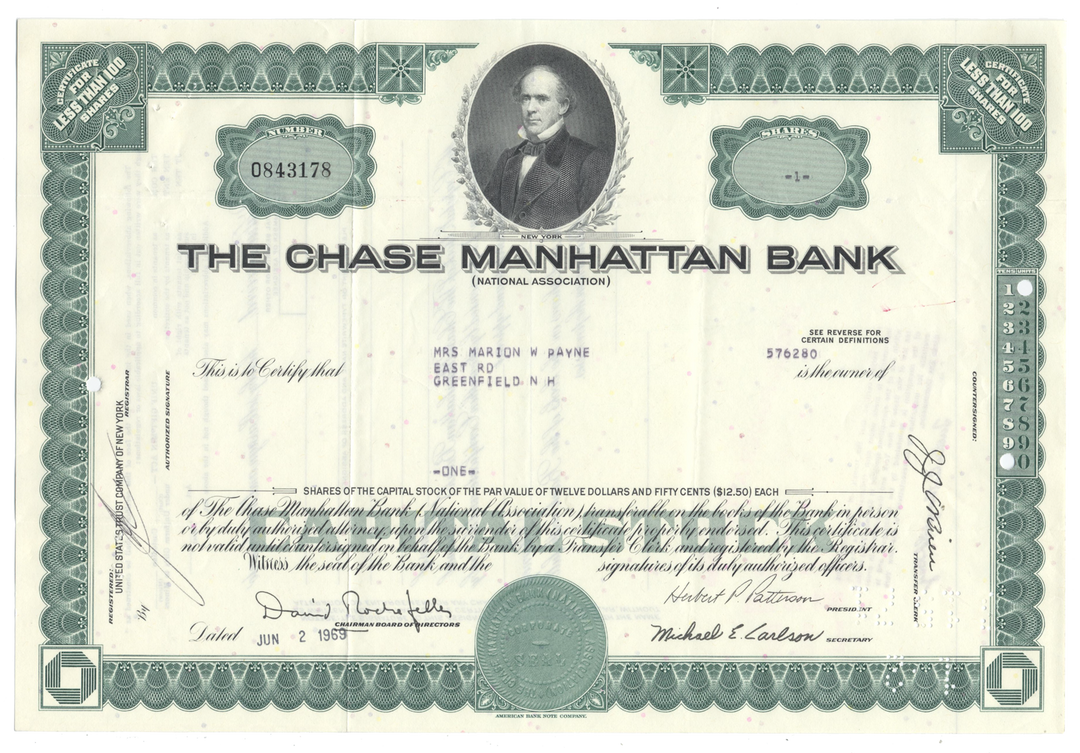 Chase Manhattan Bank Stock Certificate