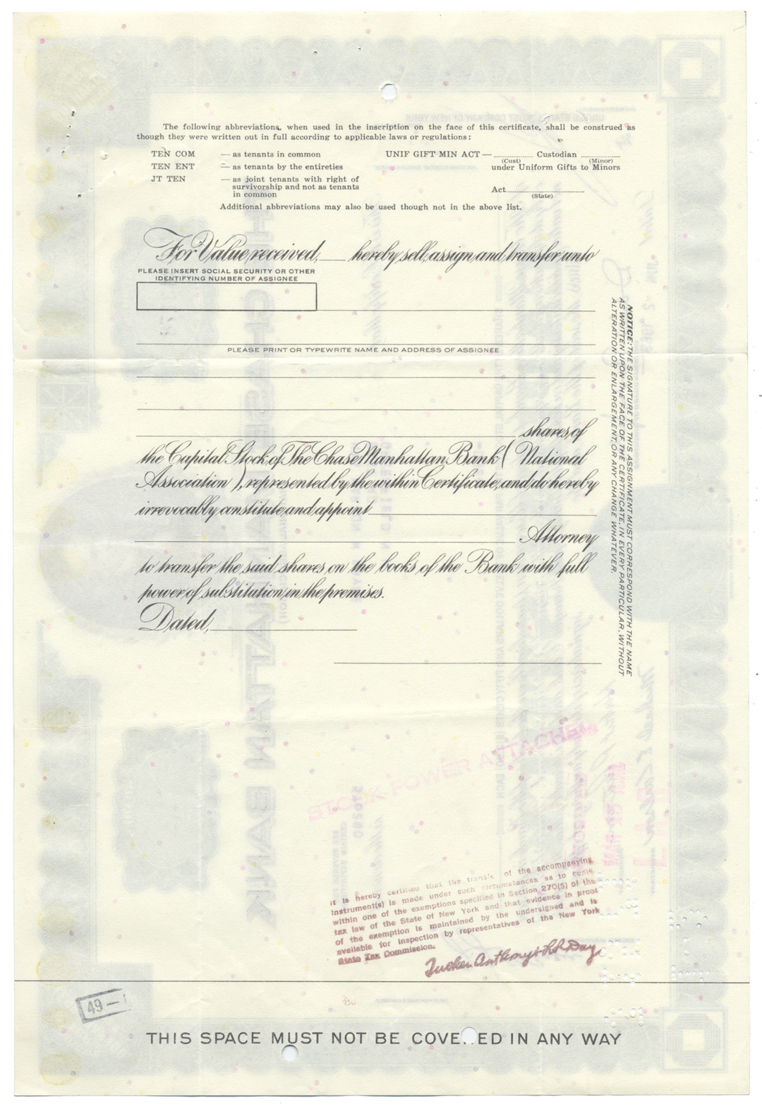 Chase Manhattan Bank Stock Certificate