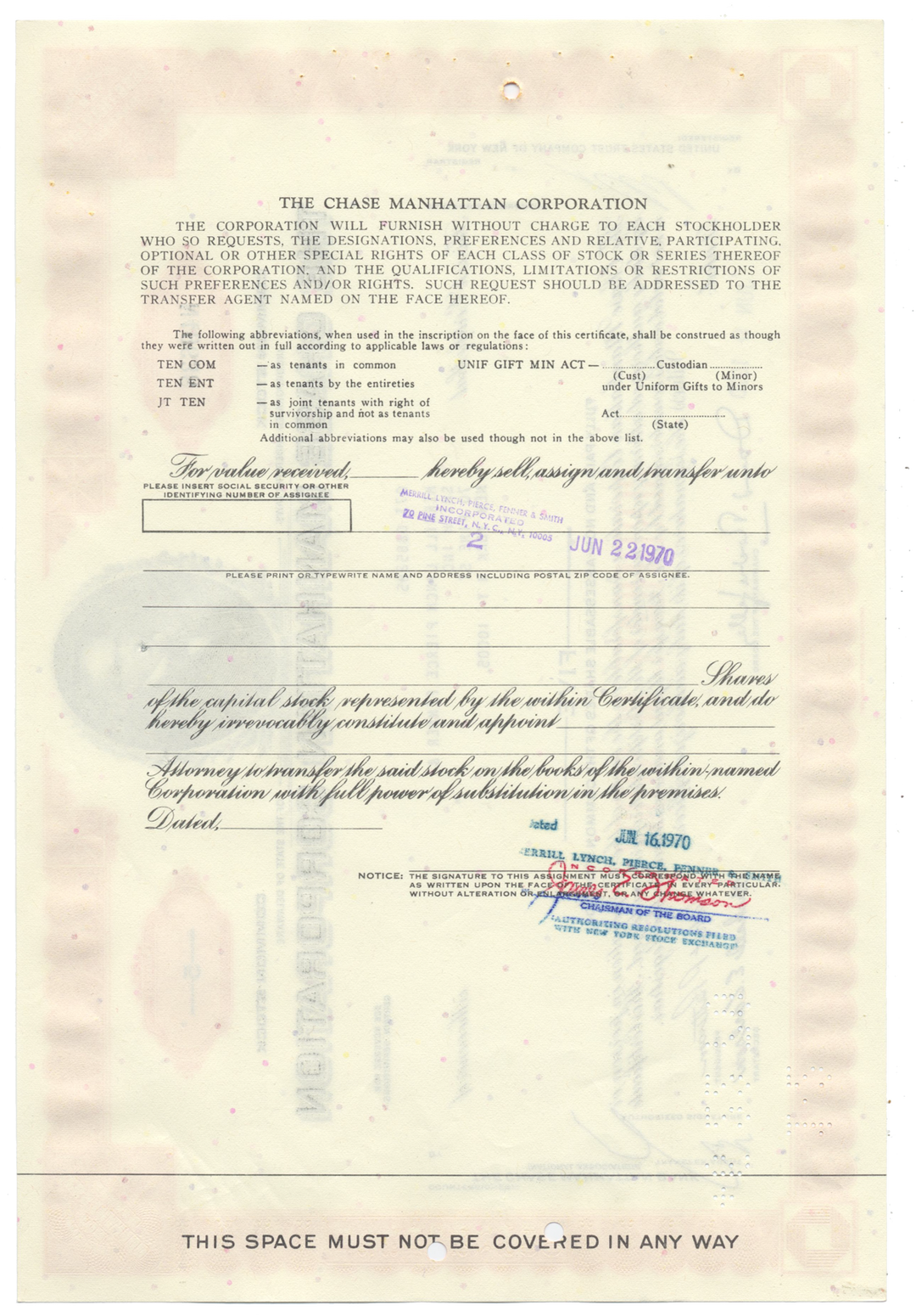 Chase Manhattan Bank Stock Certificate