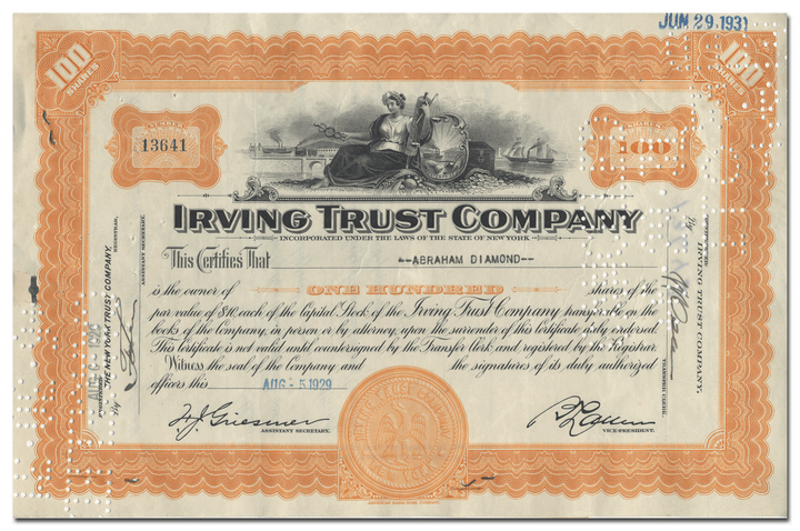 Irving Trust Company Stock Certificate