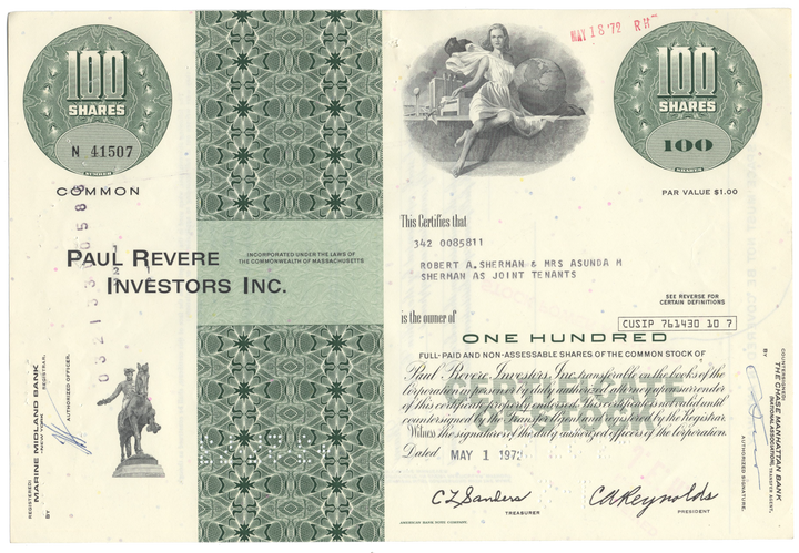 Paul Revere Investors Inc. Stock Certificate