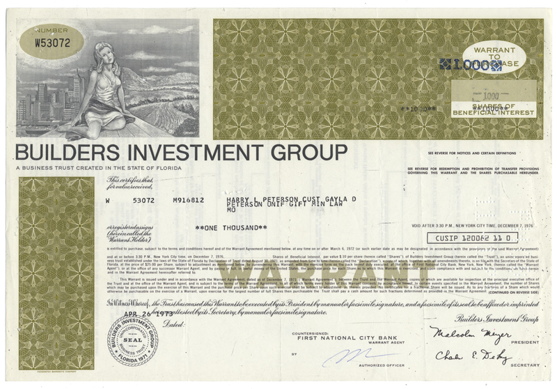 Builders Investment Group Stock Certificate