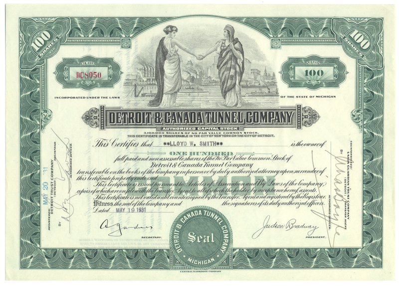 Detroit & Canada Tunnel Company Stock Certificate