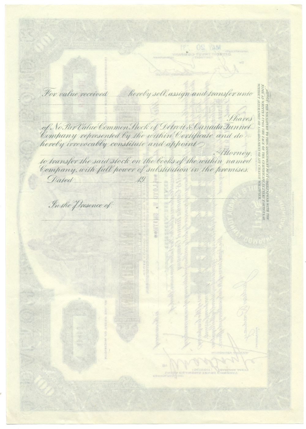 Detroit & Canada Tunnel Company Stock Certificate