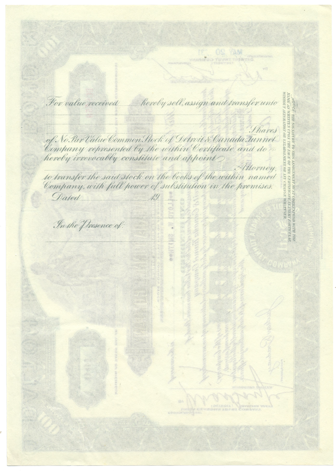 Detroit & Canada Tunnel Company Stock Certificate