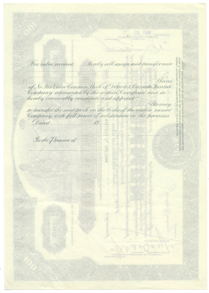 Detroit & Canada Tunnel Company Stock Certificate