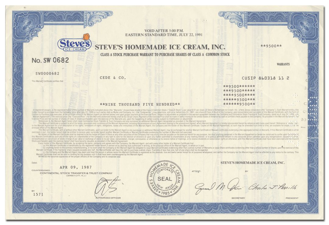 Steve's Homemade Ice Cream, Inc. Stock Certificate