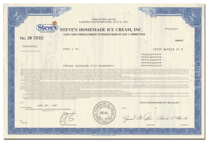 Steve's Homemade Ice Cream, Inc. Stock Certificate