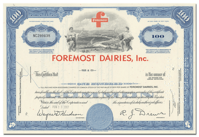 Foremost Dairies, Inc. Stock Certificate