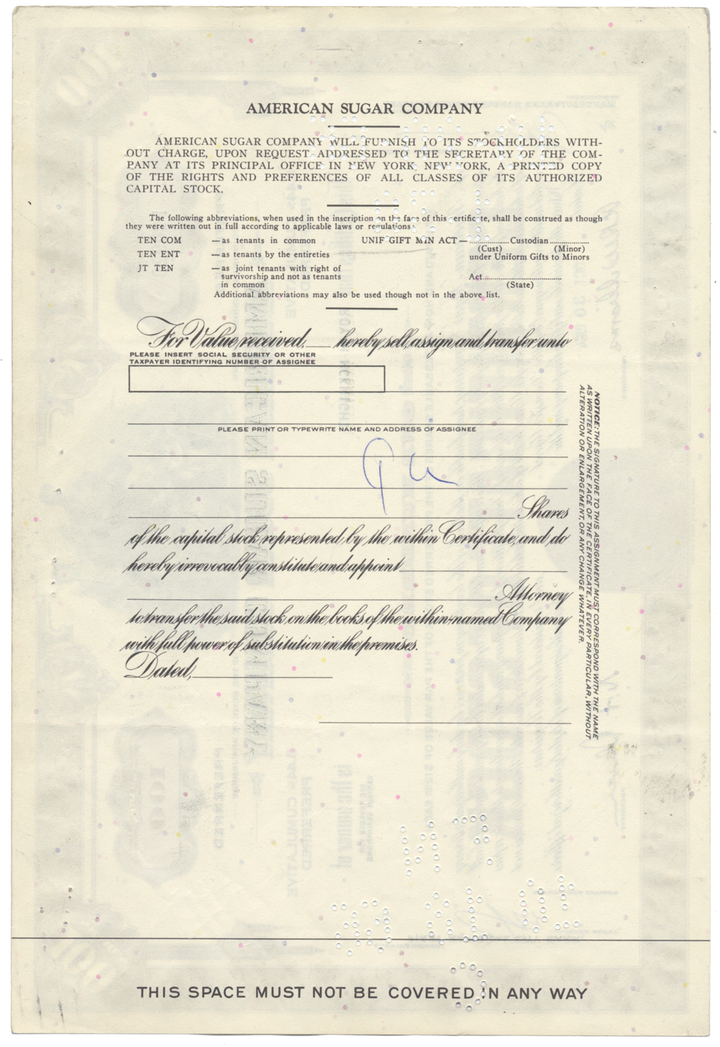 American Sugar Company Stock Certificate