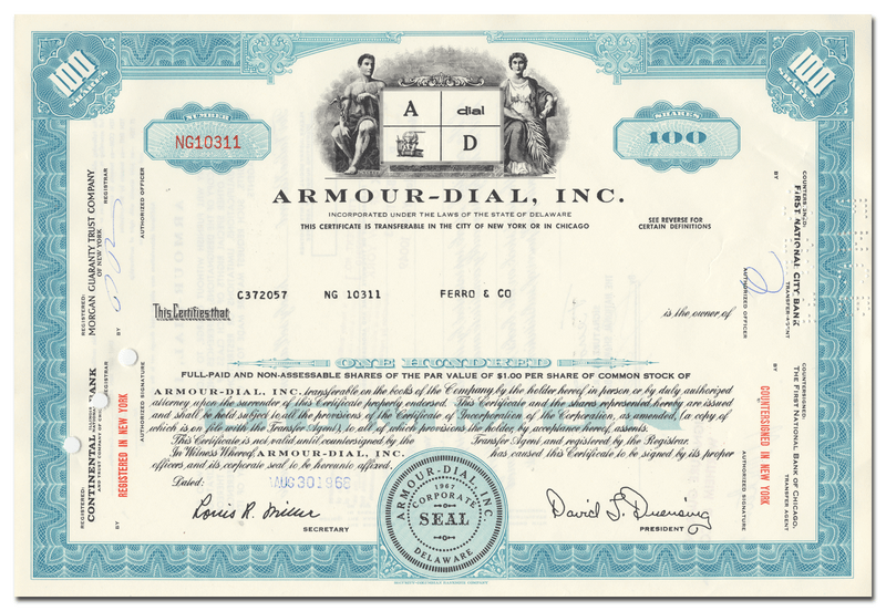 Armour-Dial, Inc. Stock Certificate