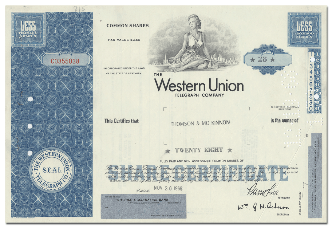 Western Union Telegraph Company Stock Certificate