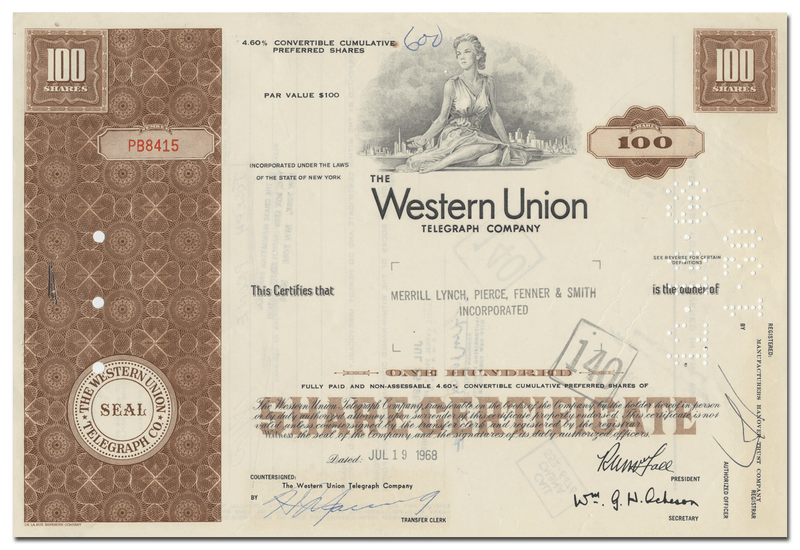 Western Union Telegraph Company Stock Certificate