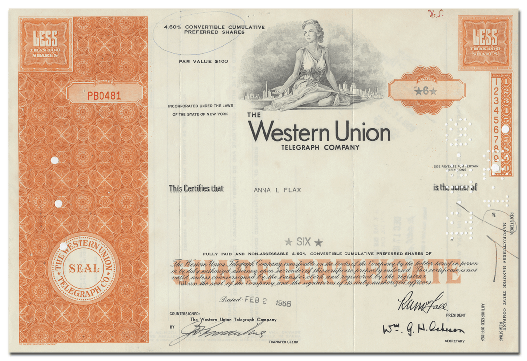 Western Union Telegraph Company Stock Certificate