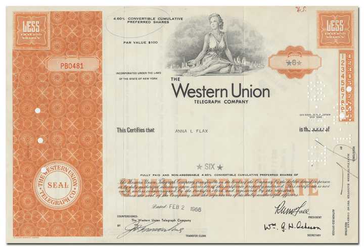 Western Union Telegraph Company Stock Certificate