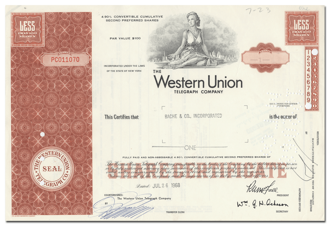 Western Union Telegraph Company Stock Certificate