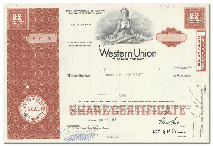 Western Union Telegraph Company Stock Certificate