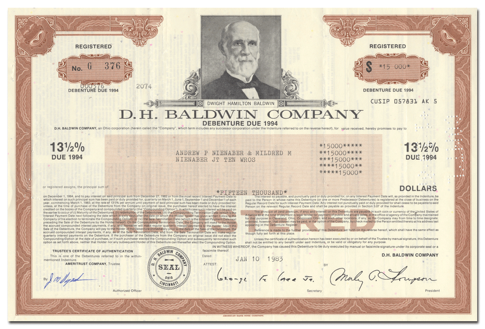 D. H. Baldwin Company Bond Certificate