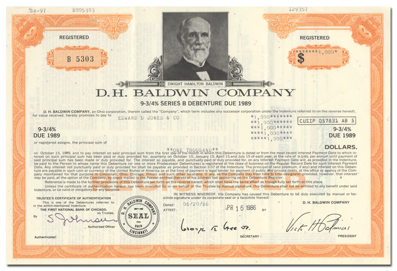 D. H. Baldwin Company Bond Certificate