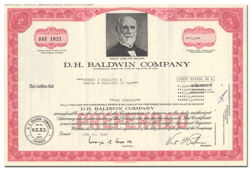 D. H. Baldwin Company Stock Certificate