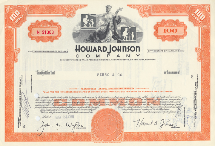 Howard Johnson Company Stock Certificate