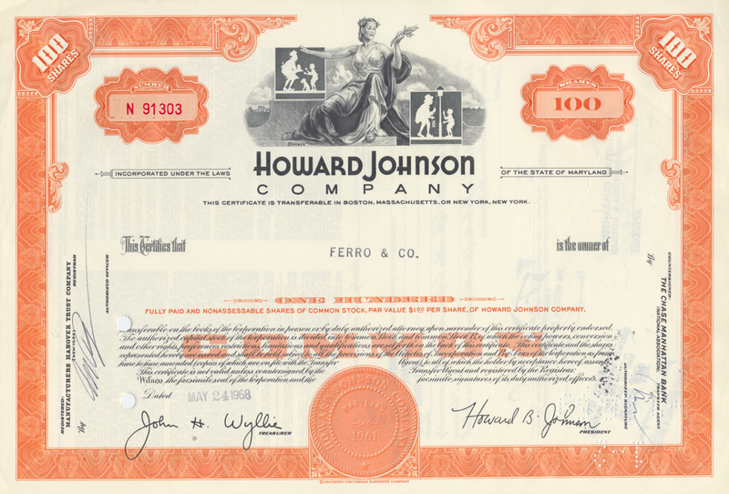Howard Johnson Company Stock Certificate