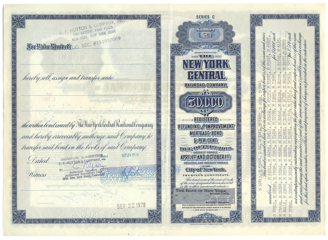 New York Central Railroad Company Bond Certificate