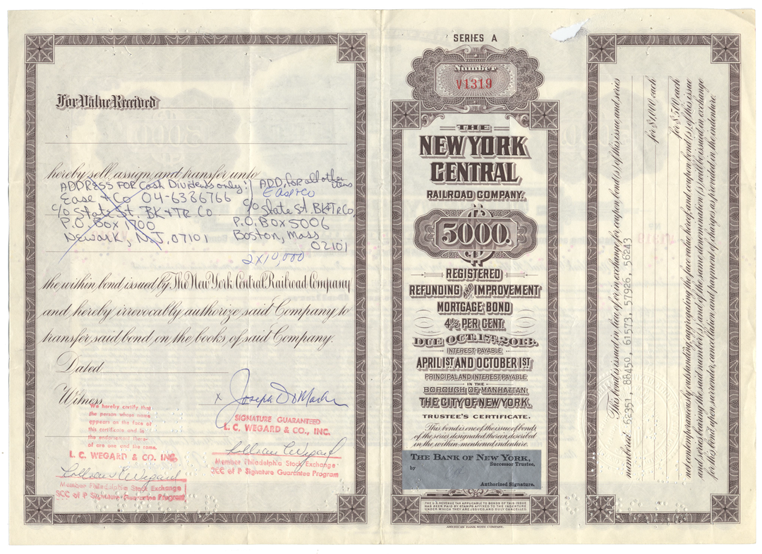 New York Central Railroad Company Bond Certificate