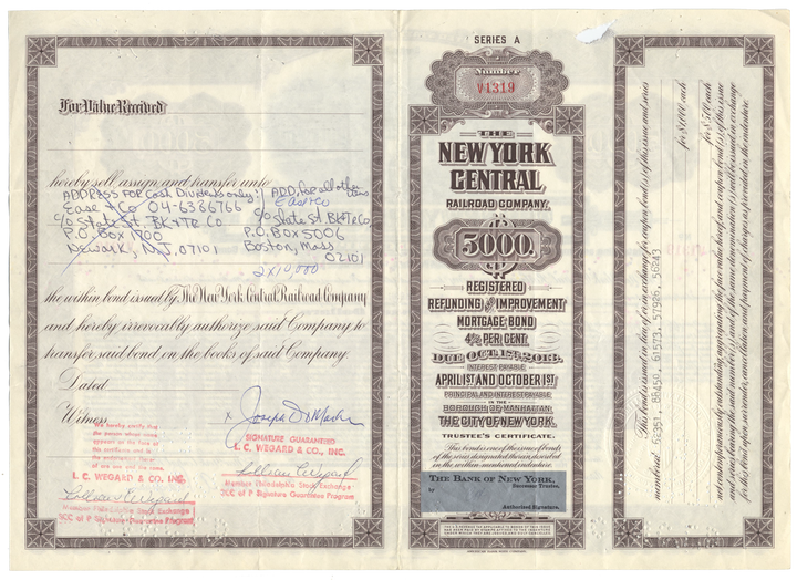 New York Central Railroad Company Bond Certificate