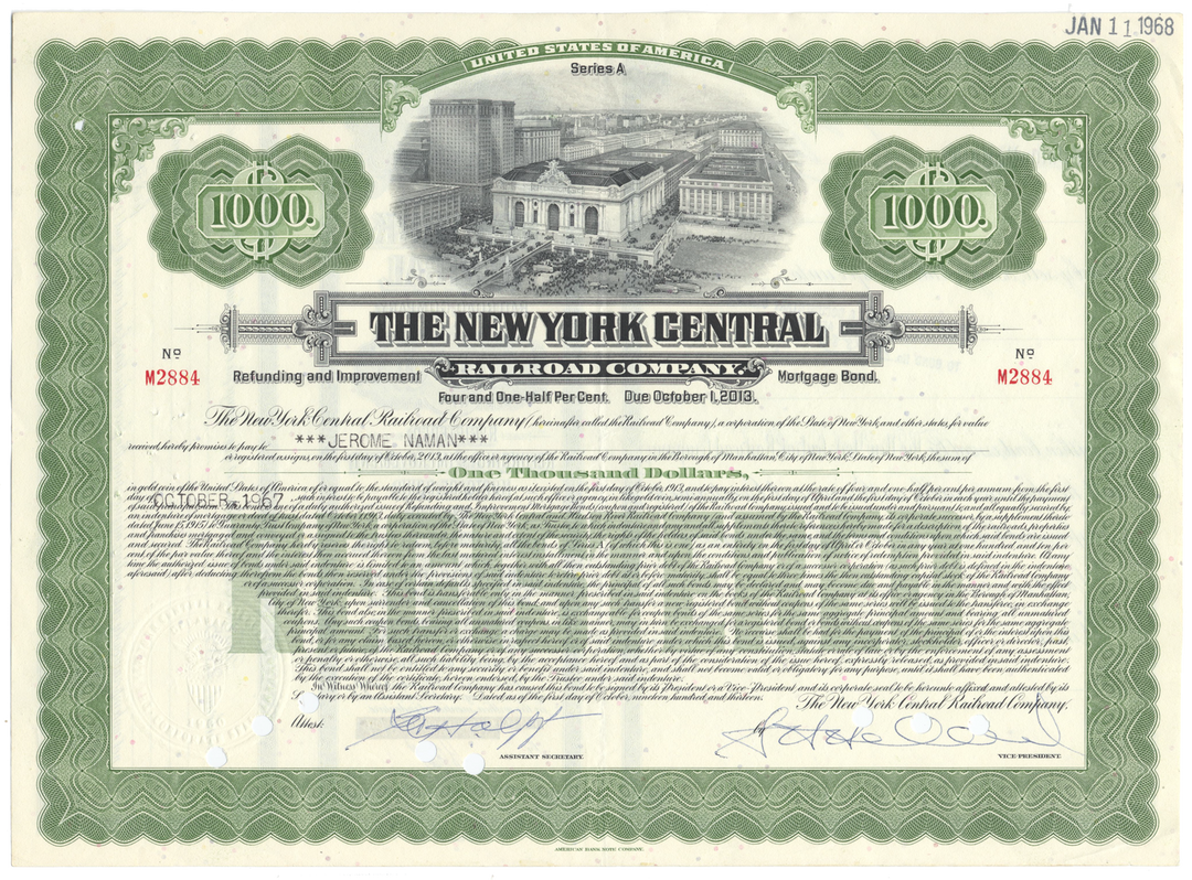 New York Central Railroad Company Bond Certificate