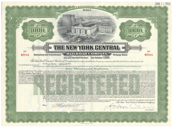 New York Central Railroad Company Bond Certificate