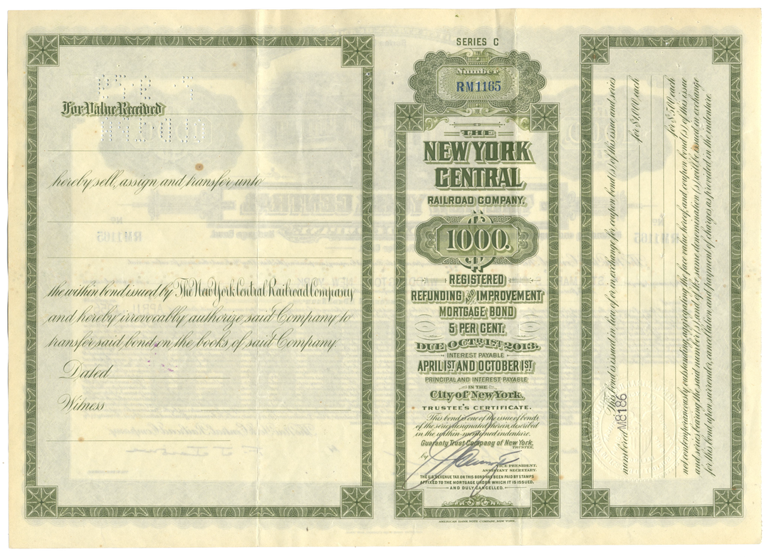 New York Central Railroad Company Bond Certificate