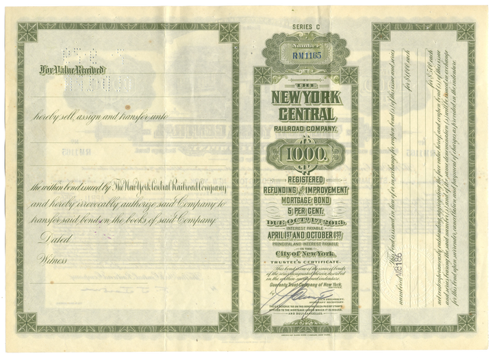 New York Central Railroad Company Bond Certificate