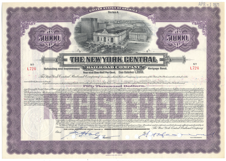 New York Central Railroad Company Bond Certificate