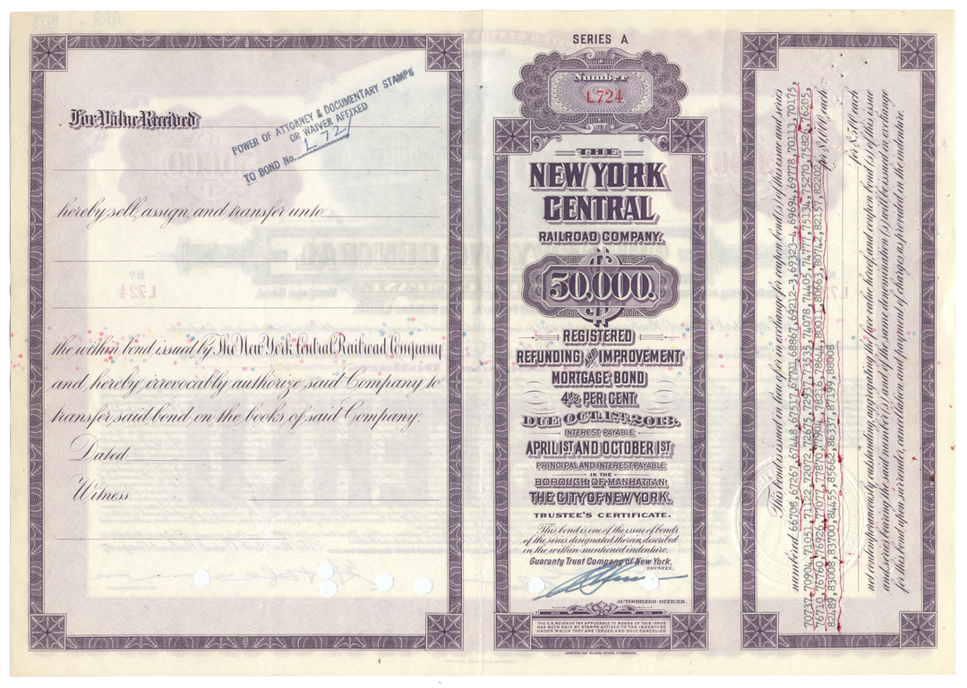 New York Central Railroad Company Bond Certificate