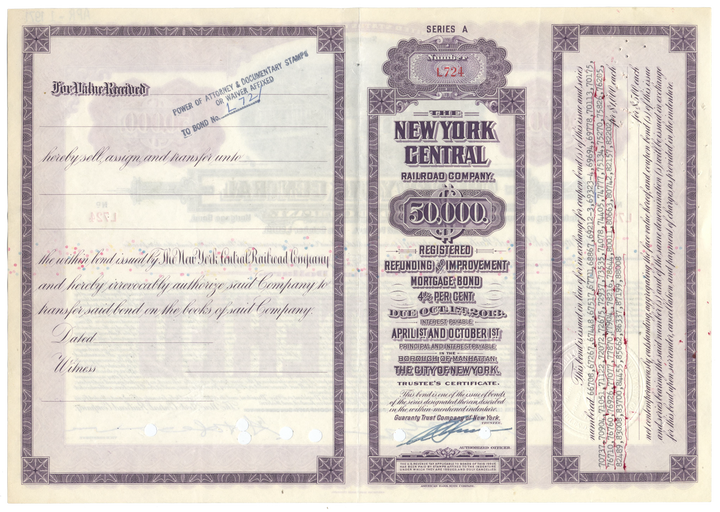 New York Central Railroad Company Bond Certificate