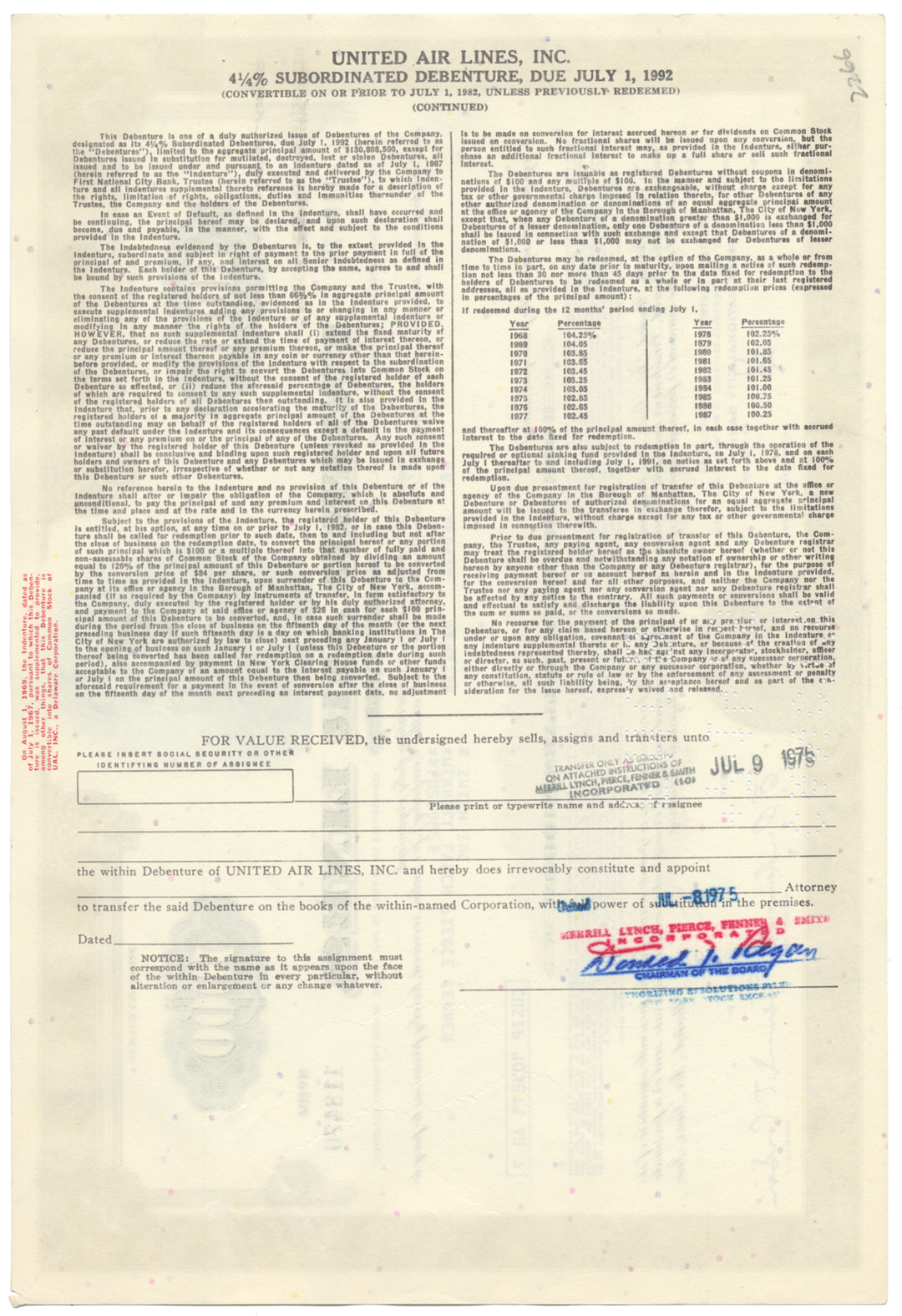 United Air Lines, Inc. Bond Certificate