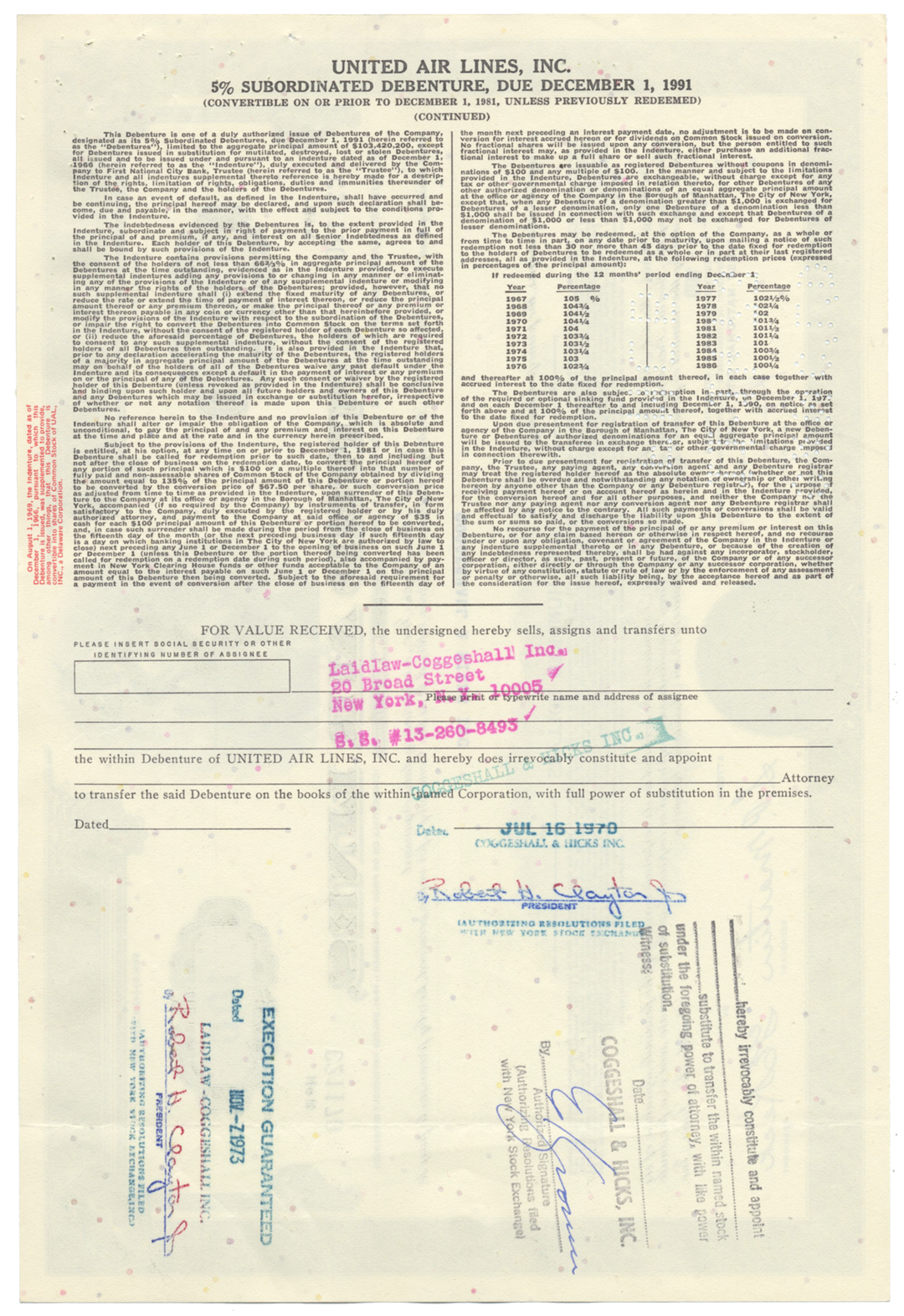 United Air Lines, Inc. Bond Certificate