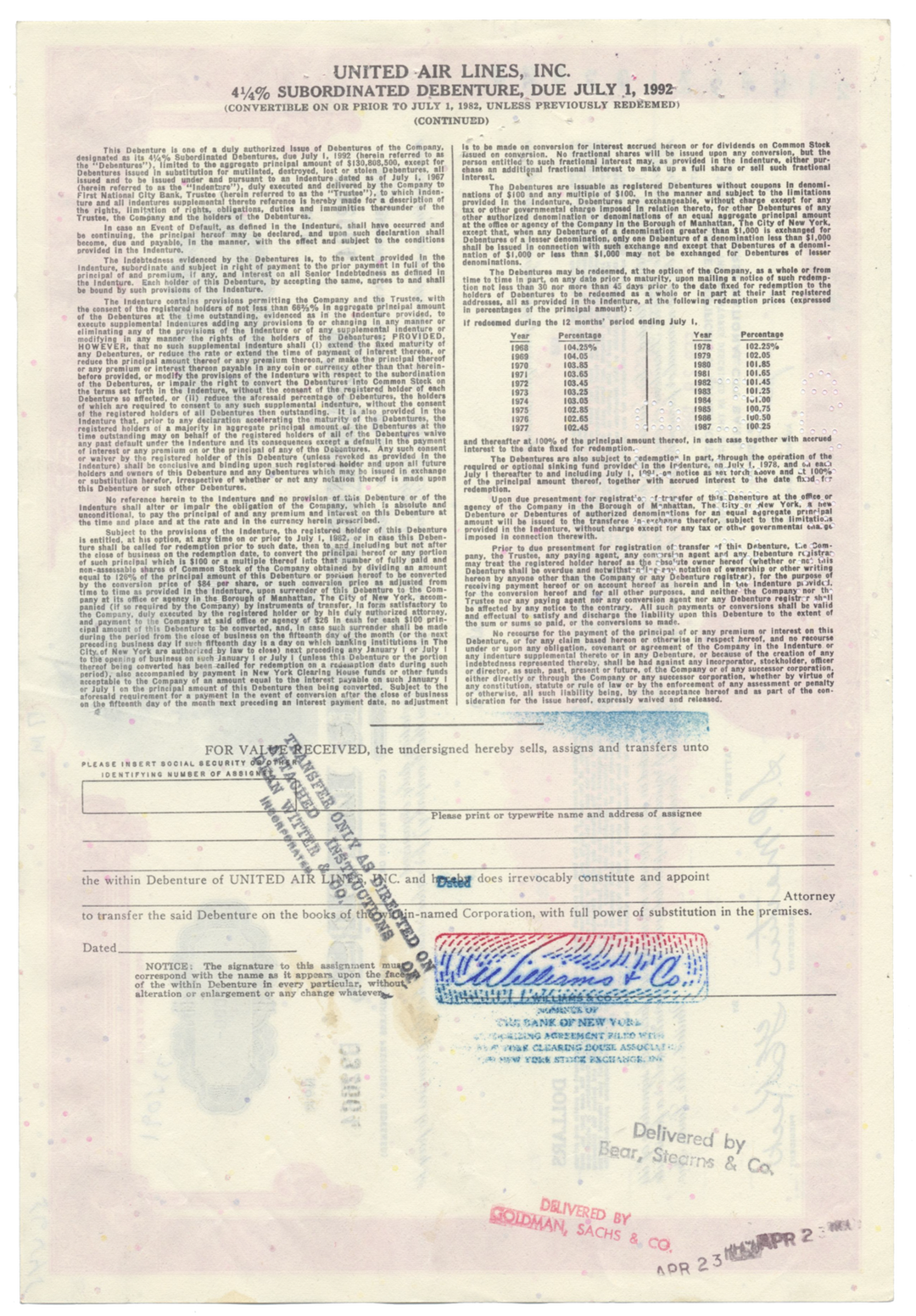 United Air Lines, Inc. Bond Certificate